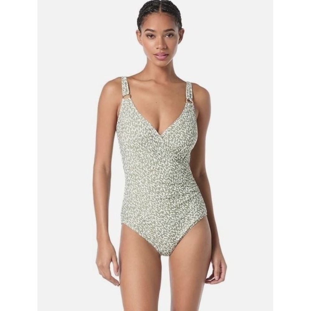 Michael Kors Hazy Cheetah Surplice One-Piece Swimsuit in‎ Safari Green Size 6